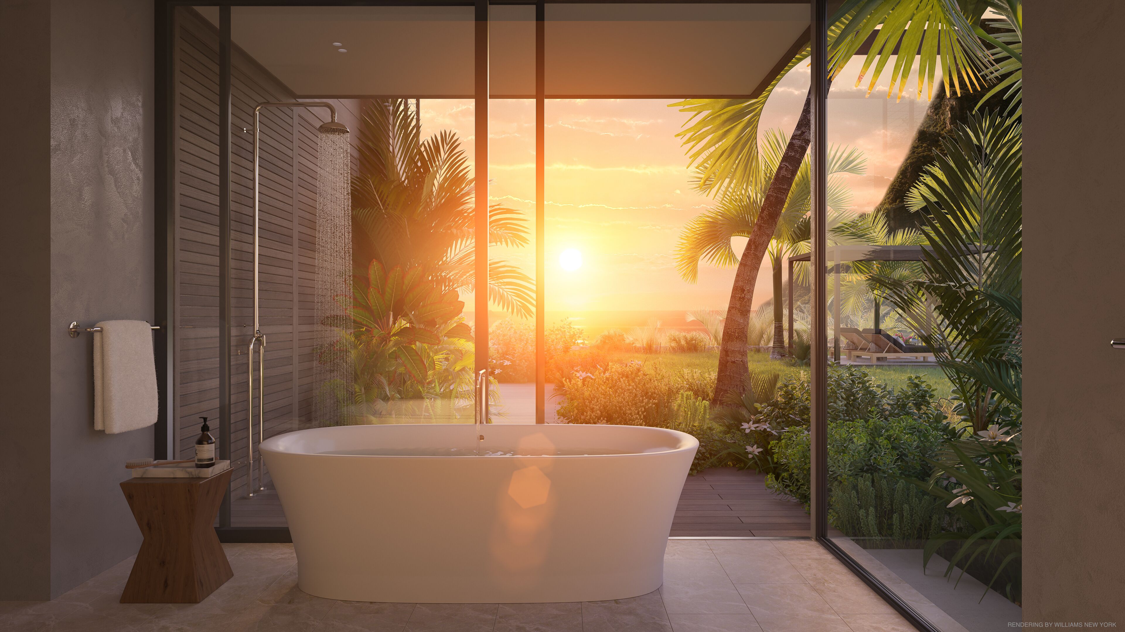 A modern bathroom with a freestanding bathtub, a towel rack, and a glass door leading to a tropical garden view.