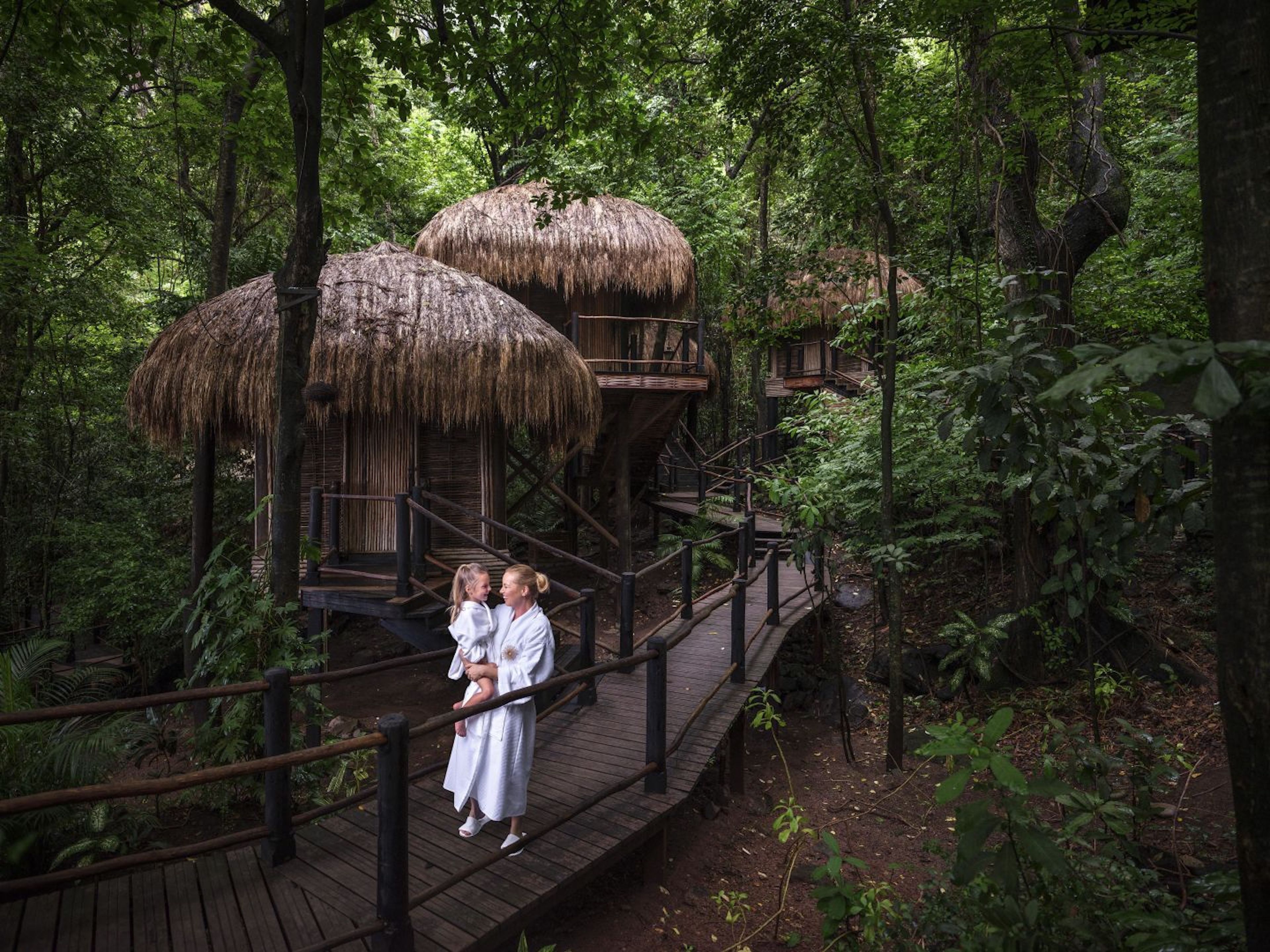 A wooden deck with a thatched-roof structure, surrounded by dense forest.