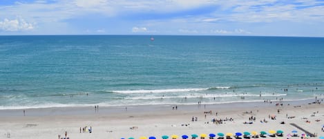 A beach with umbrellas and people.