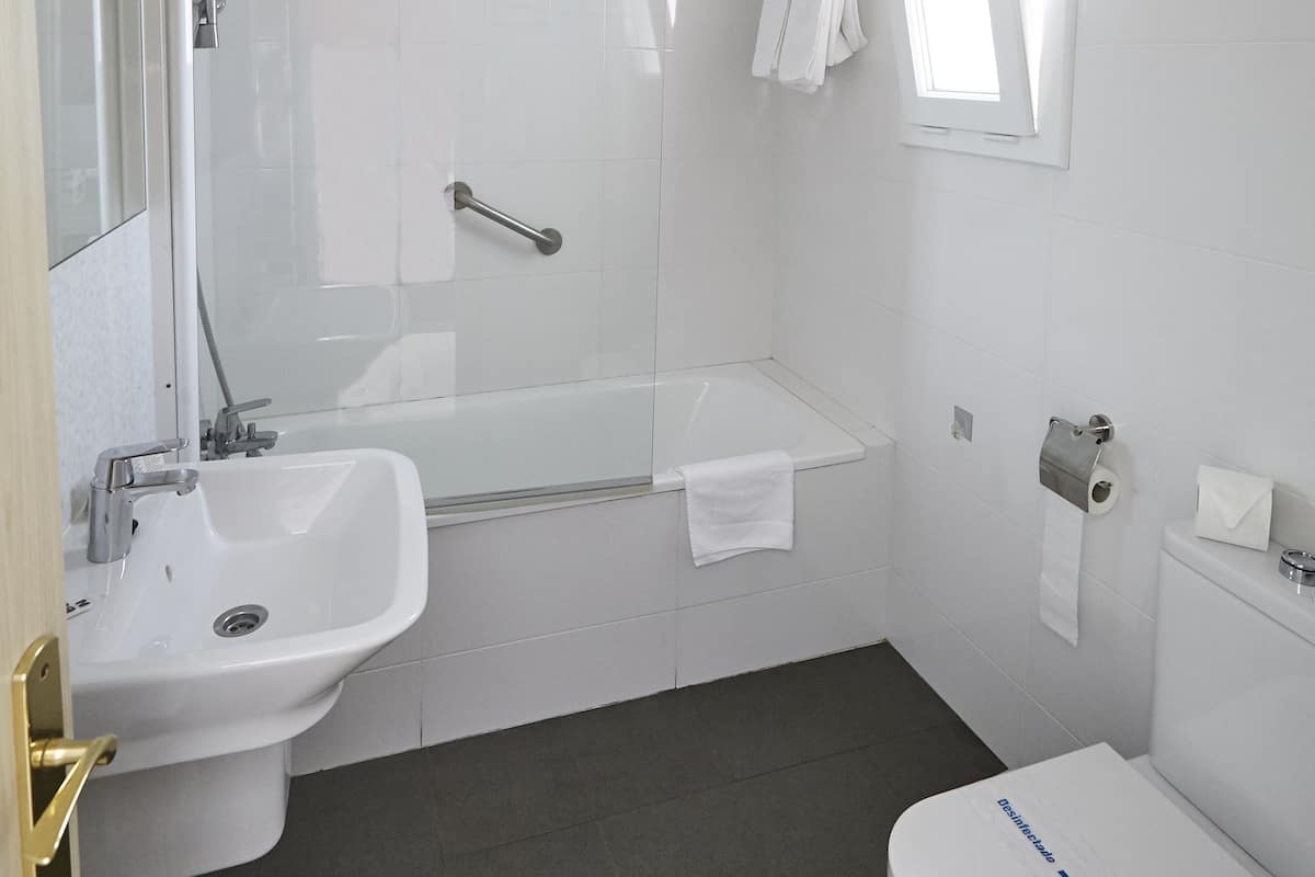 Combined shower/bathtub, free toiletries, hair dryer, towels