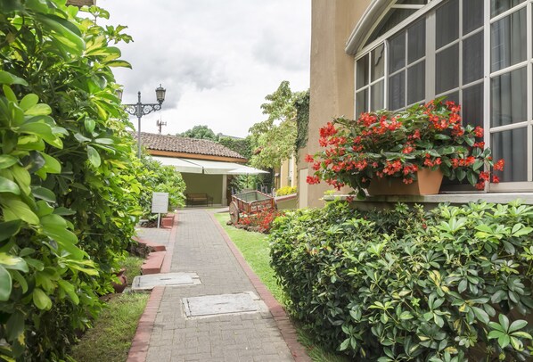A pathway leading to a building with a tiled roof, surrounded by lush greenery and potted plants. - Casa Conde Apartamentos (San José)