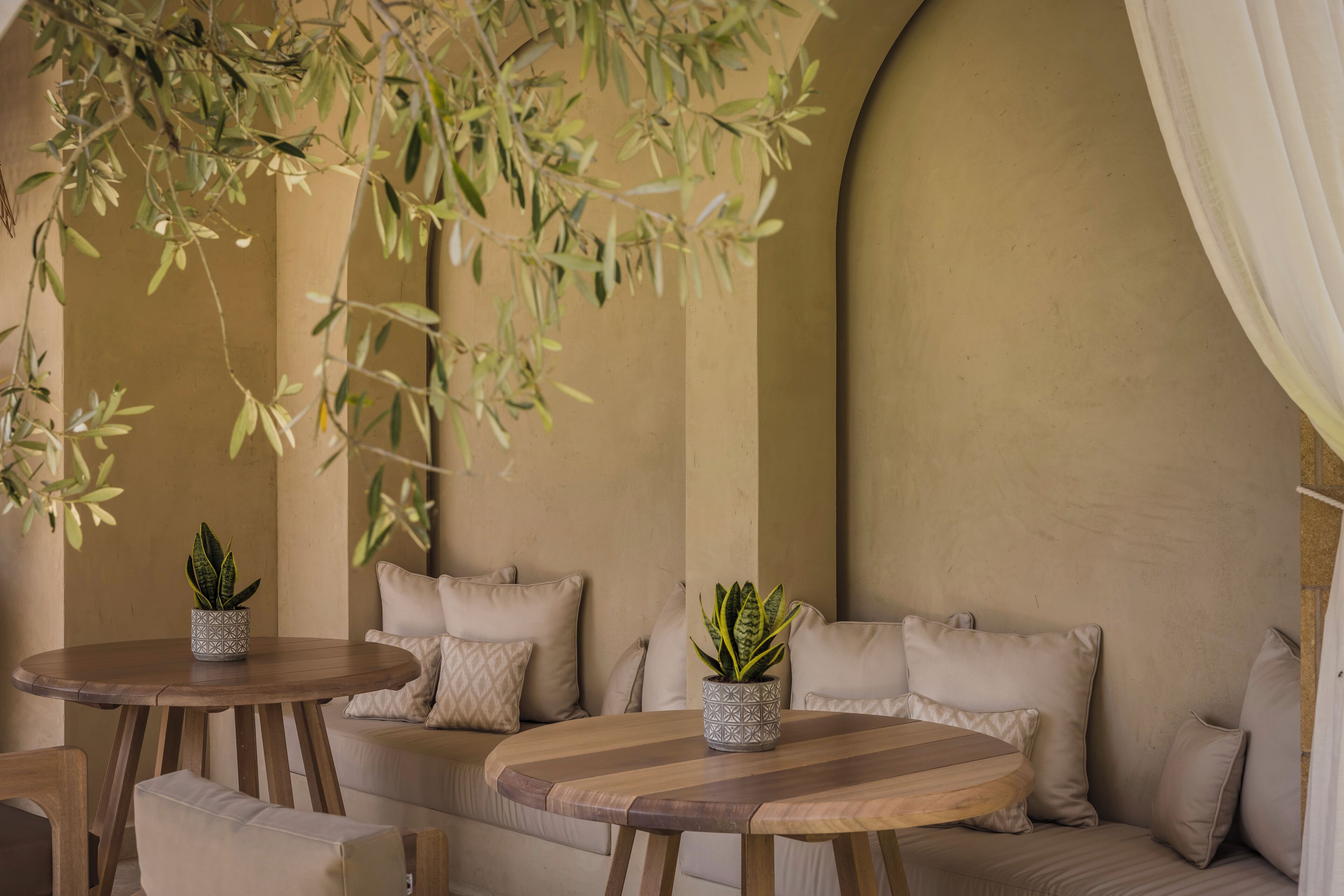 Un rincón acogedor con dos mesas redondas de madera, cada una con una planta en maceta. El espacio cuenta con un banco curvo con cojines y una pared en tonos neutros.