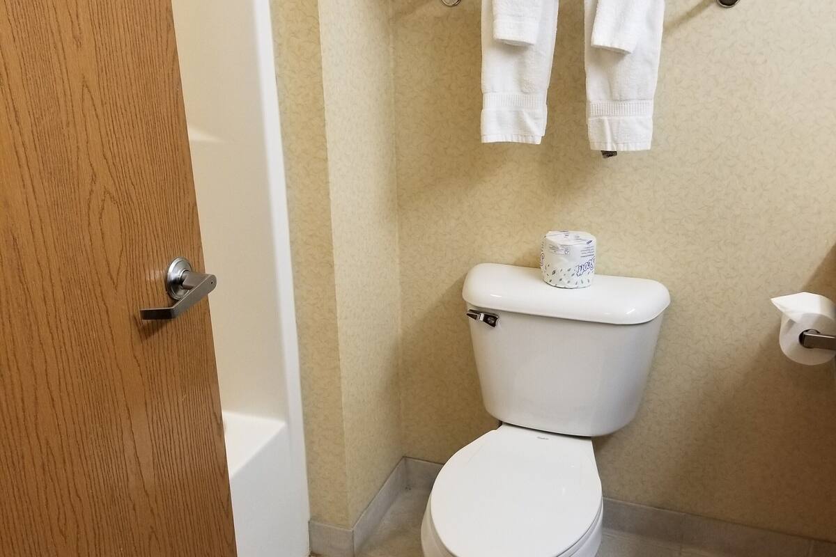 combined shower/bathtub, hair dryer, towels