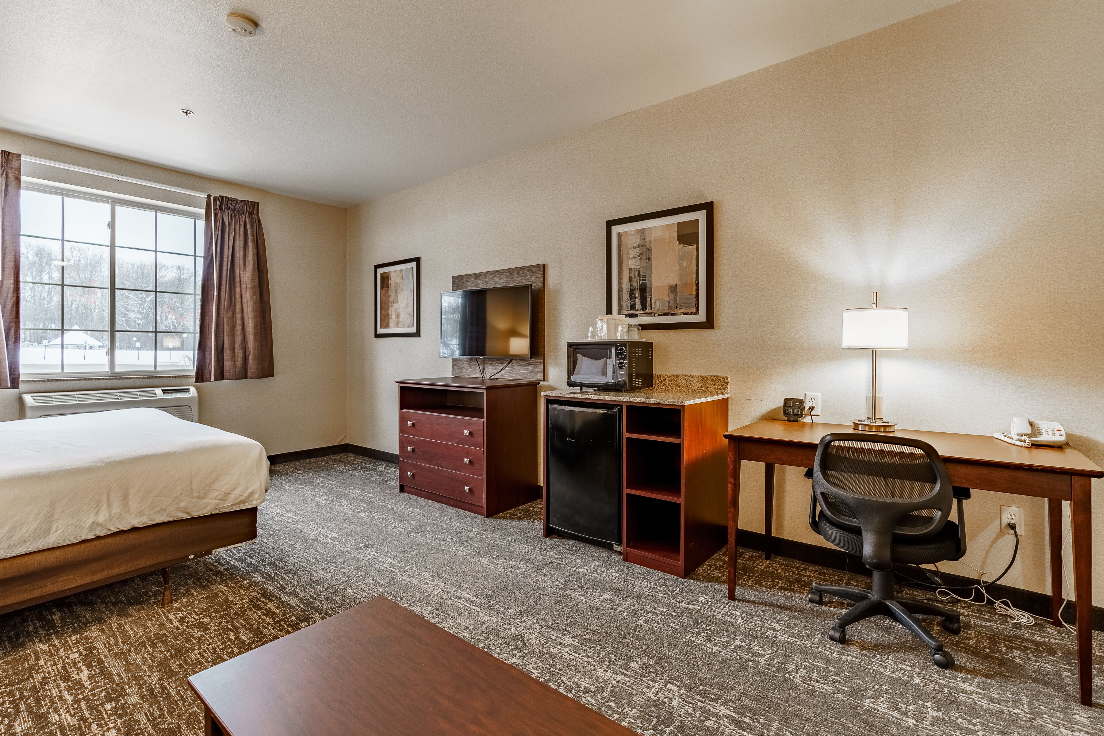A hotel room with a bed, desk, chair, TV, microwave, and a lamp.