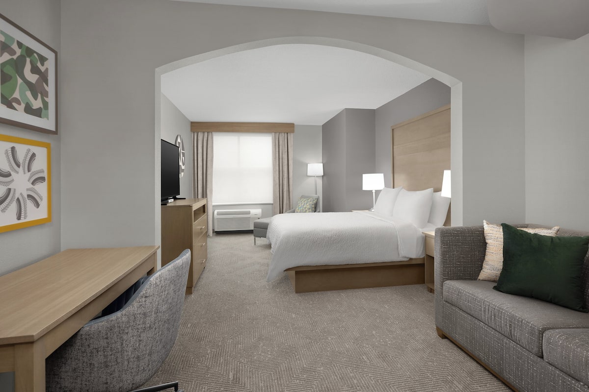 A hotel room with a bed, a desk, a chair, a sofa, and a television.