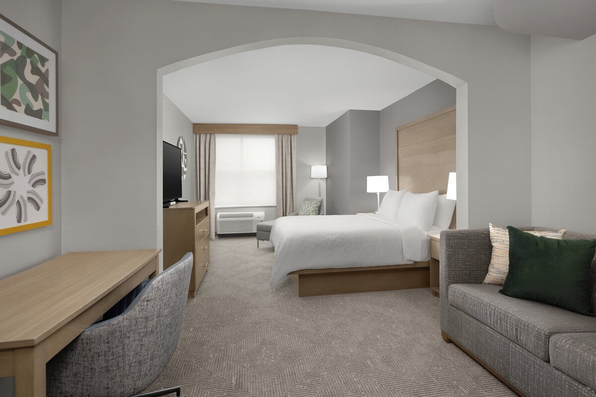 Een hotelkamer met een bed, een bureau, een stoel, een bank en een televisie.