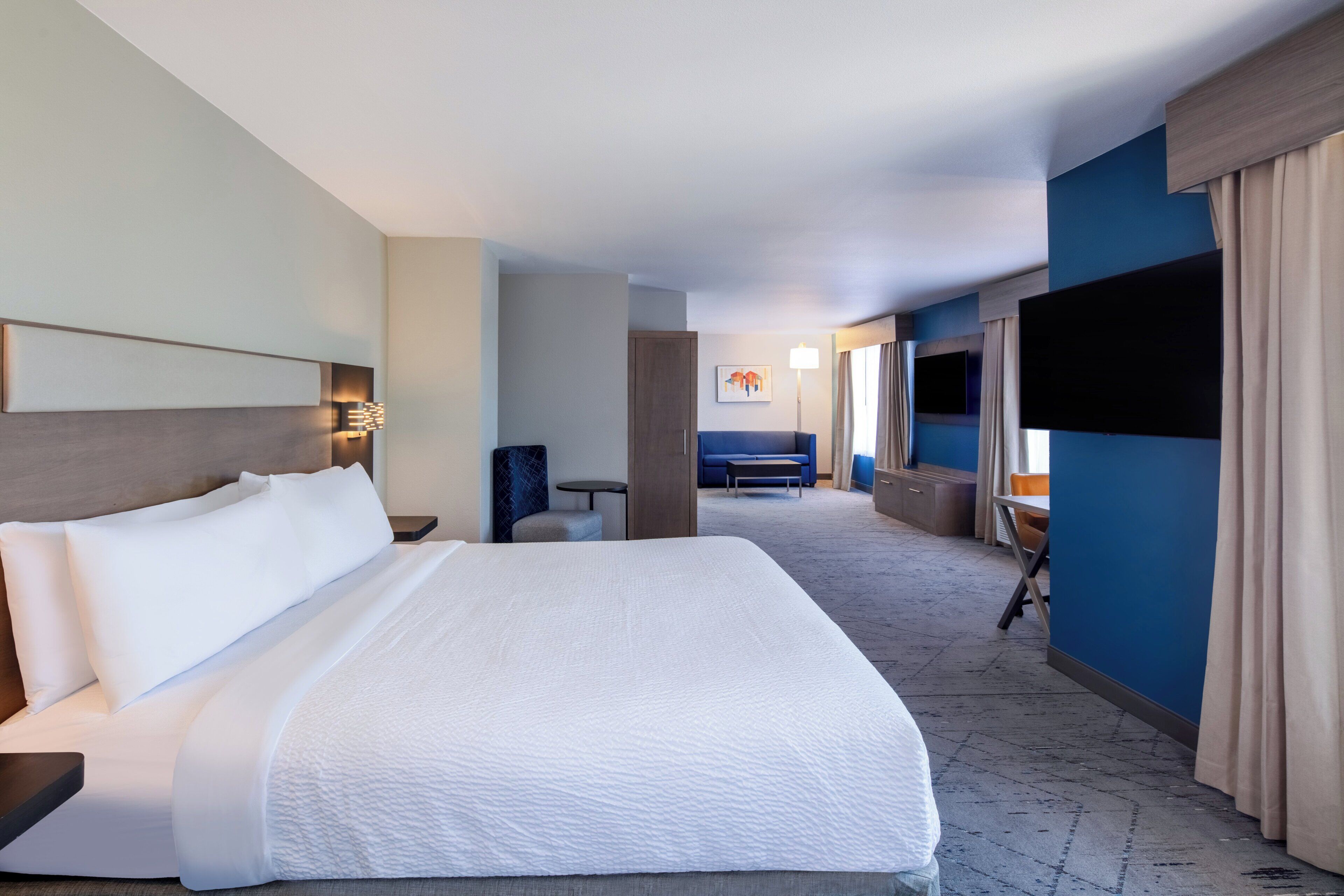 Una habitación de hotel con una cama grande, un escritorio, una silla, un televisor y un sofá.