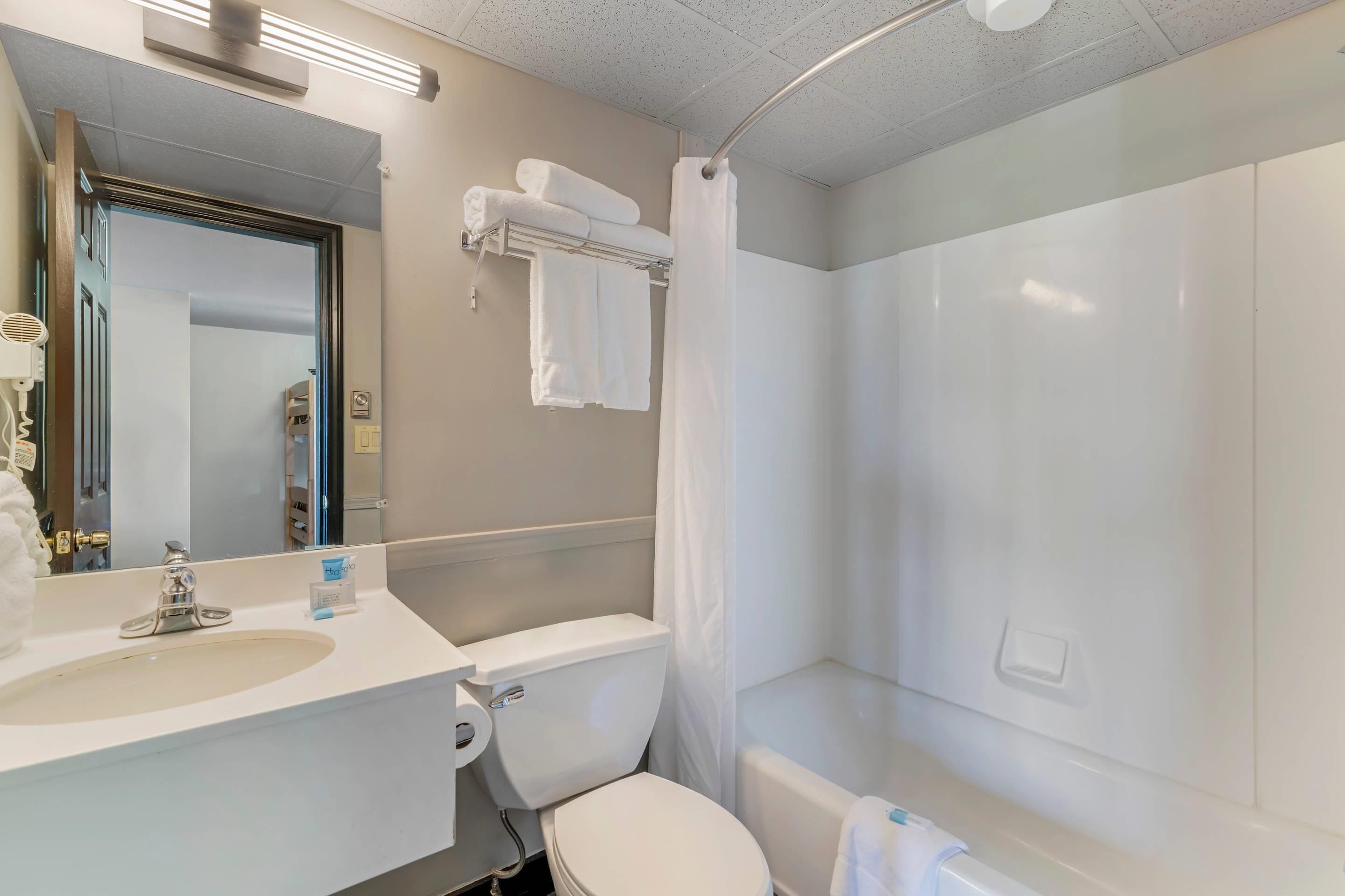 A bathroom with a toilet, sink, mirror, towel rack, and shower curtain.