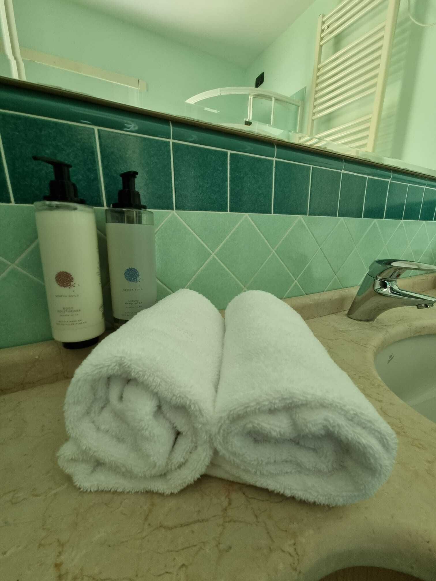 A bathroom with a green tiled wall, a white sink, and two bottles of shampoo.