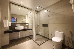 Een moderne badkamer met een douchecabine van glas, een wastafel met spiegel en een toilet.