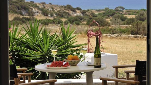 A table with a bottle of wine, glasses, a plate of watermelon, and a bowl of fruit, set against a backdrop of a coastal landscape. - Scala Apartments (Naxos)