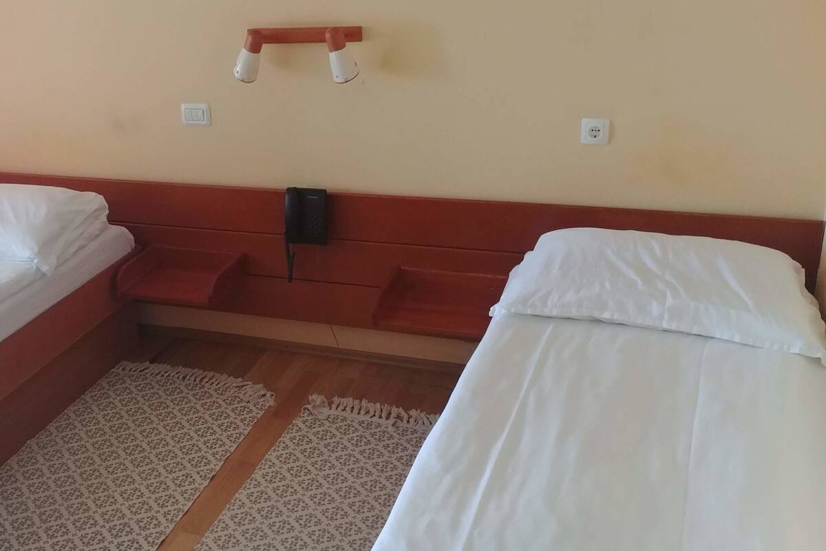 Habitación de hotel con dos camas individuales, cabecera de madera, mesita de noche, teléfono y una alfombra estampada.