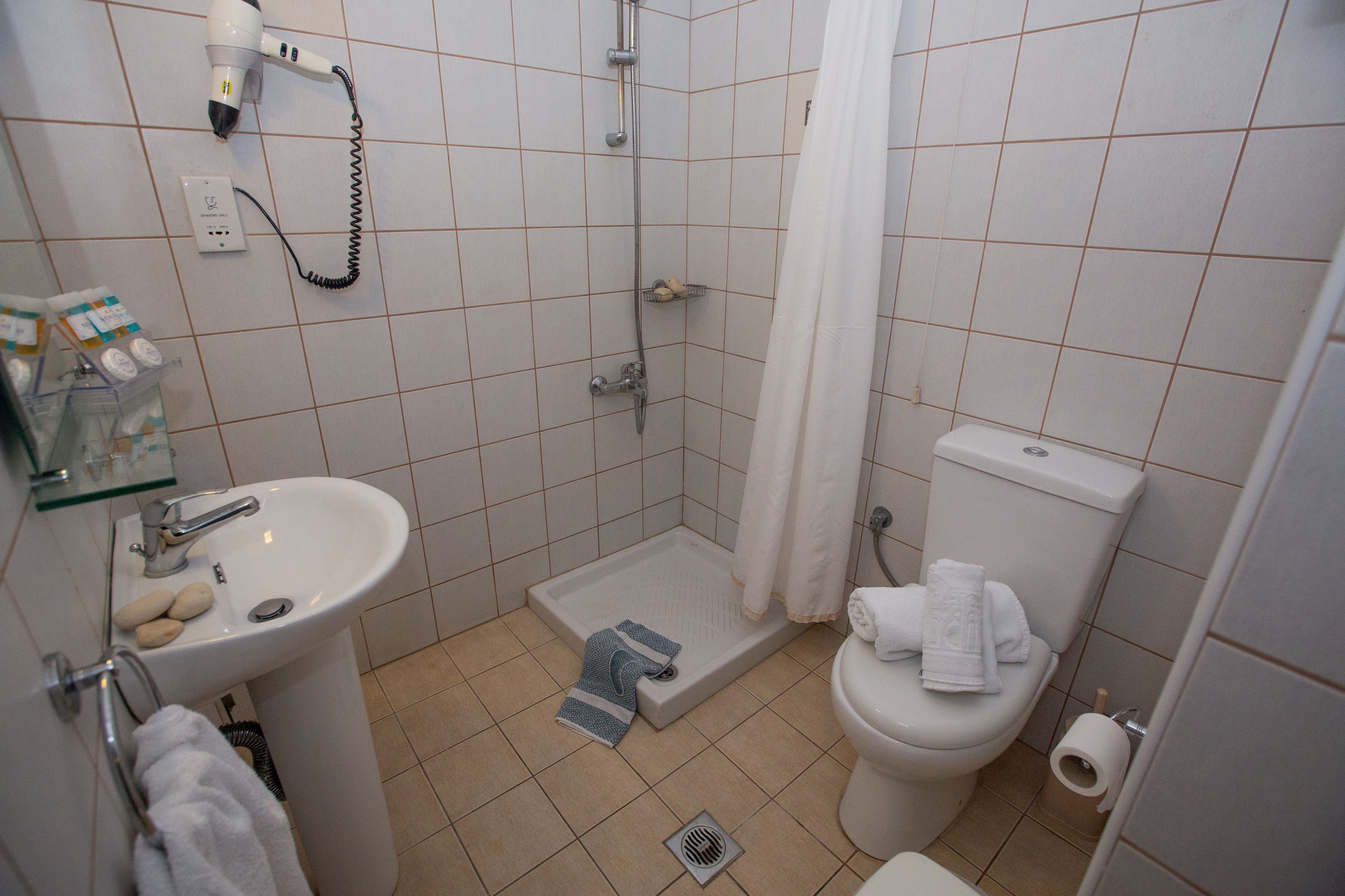 Een badkamer met een douche, toilet, wastafel en een glazen plank met toiletartikelen.