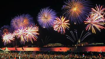A crowded outdoor event with fireworks in the background.