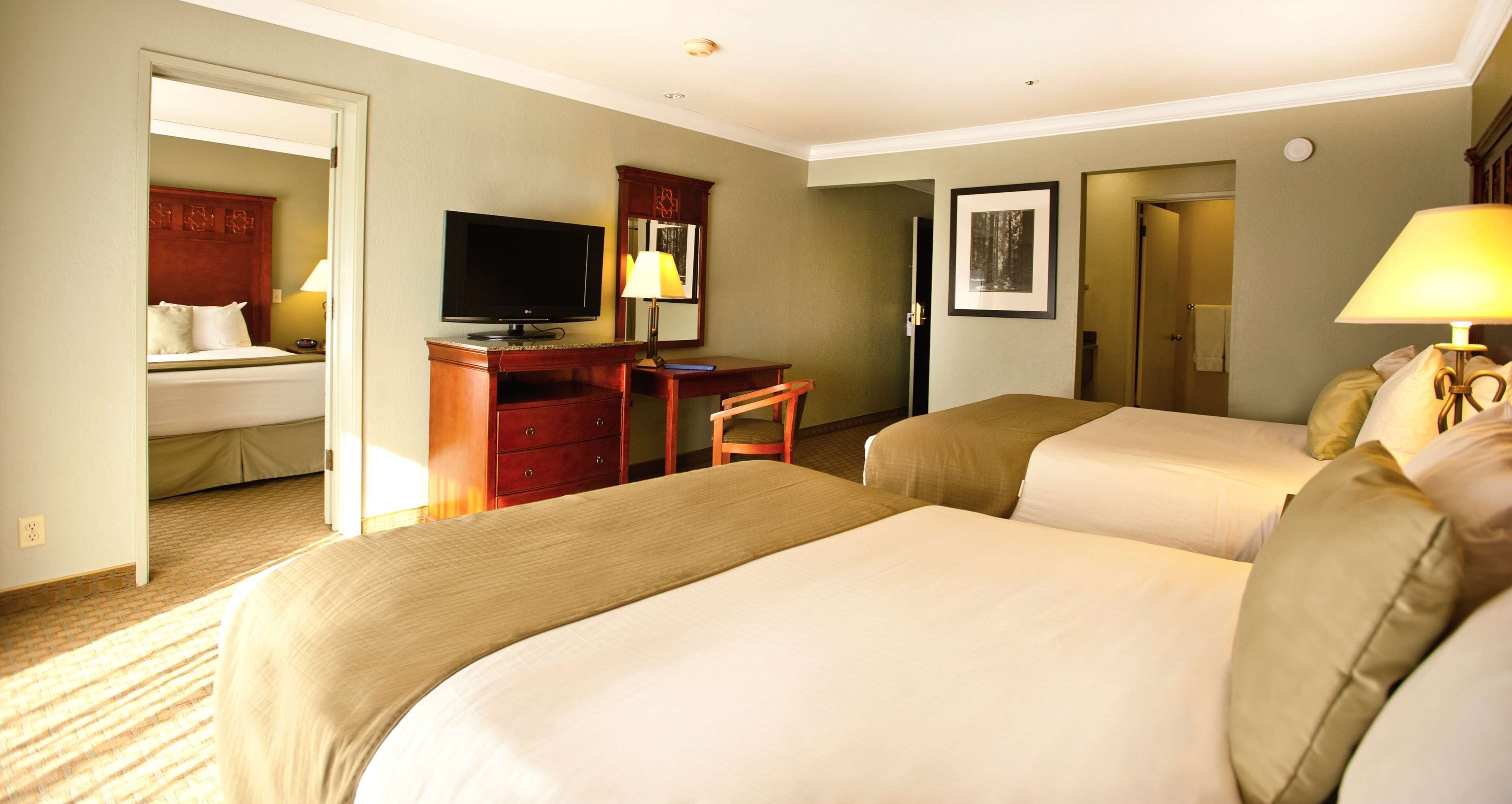 A hotel room with two beds, a desk with a television, a chair, and a lamp.