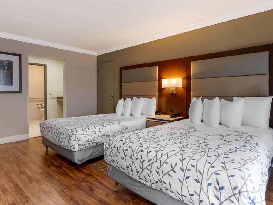 A hotel room with two beds, wooden flooring, a large mirror, and a nightstand with a lamp.