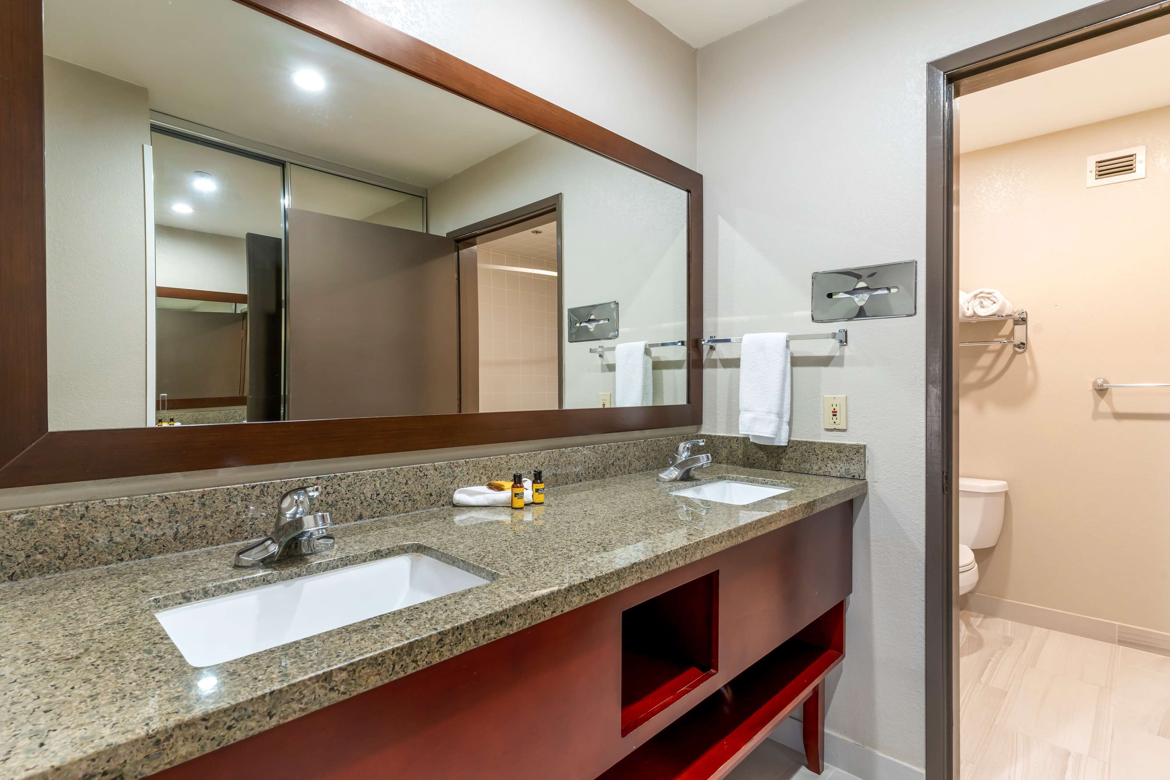 Un baño con dos lavamanos, un espejo grande y una zona de ducha.
