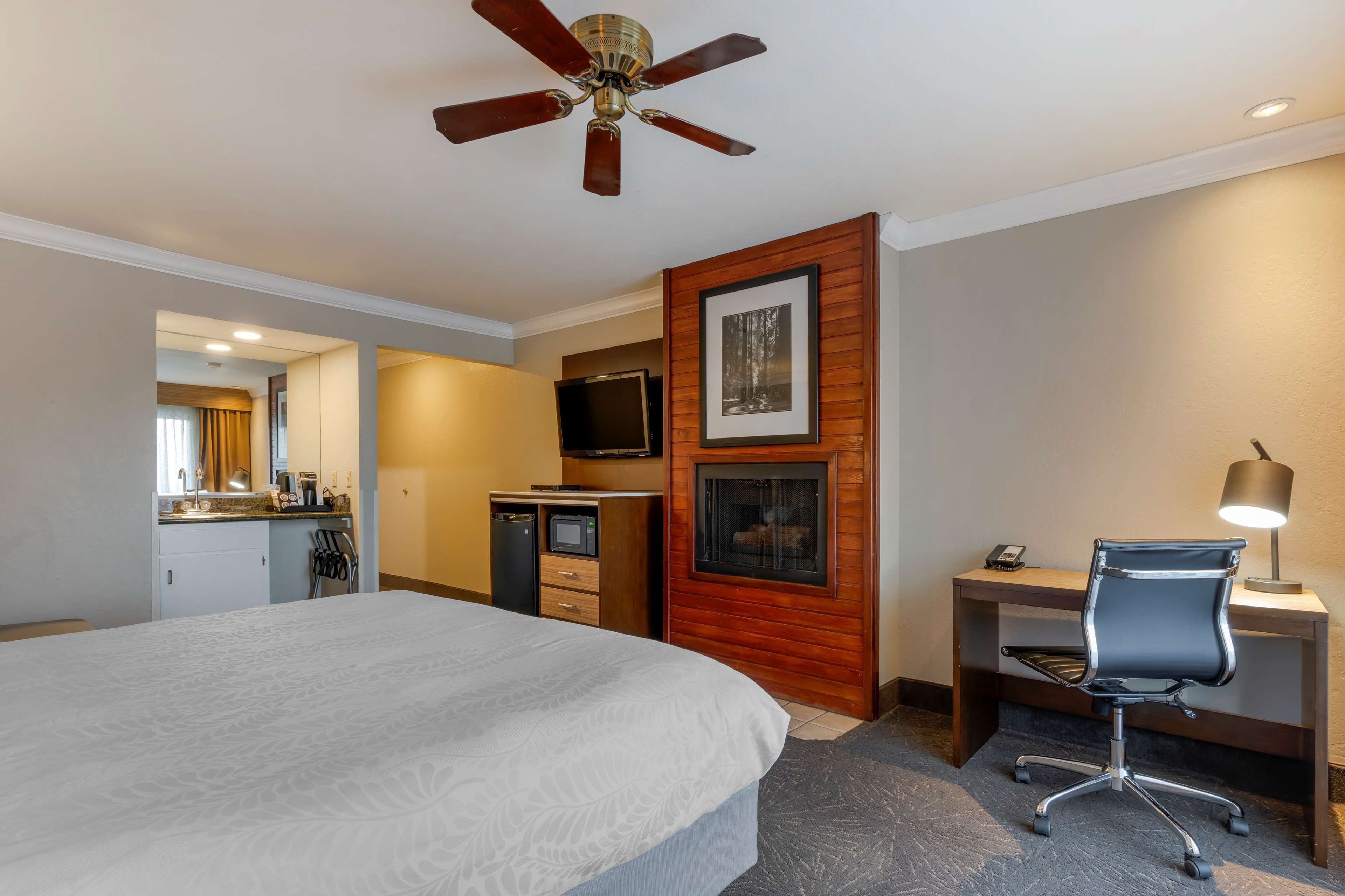 Una habitación de hotel con una cama grande, un escritorio con silla, televisor, microondas y un panel decorativo de madera.