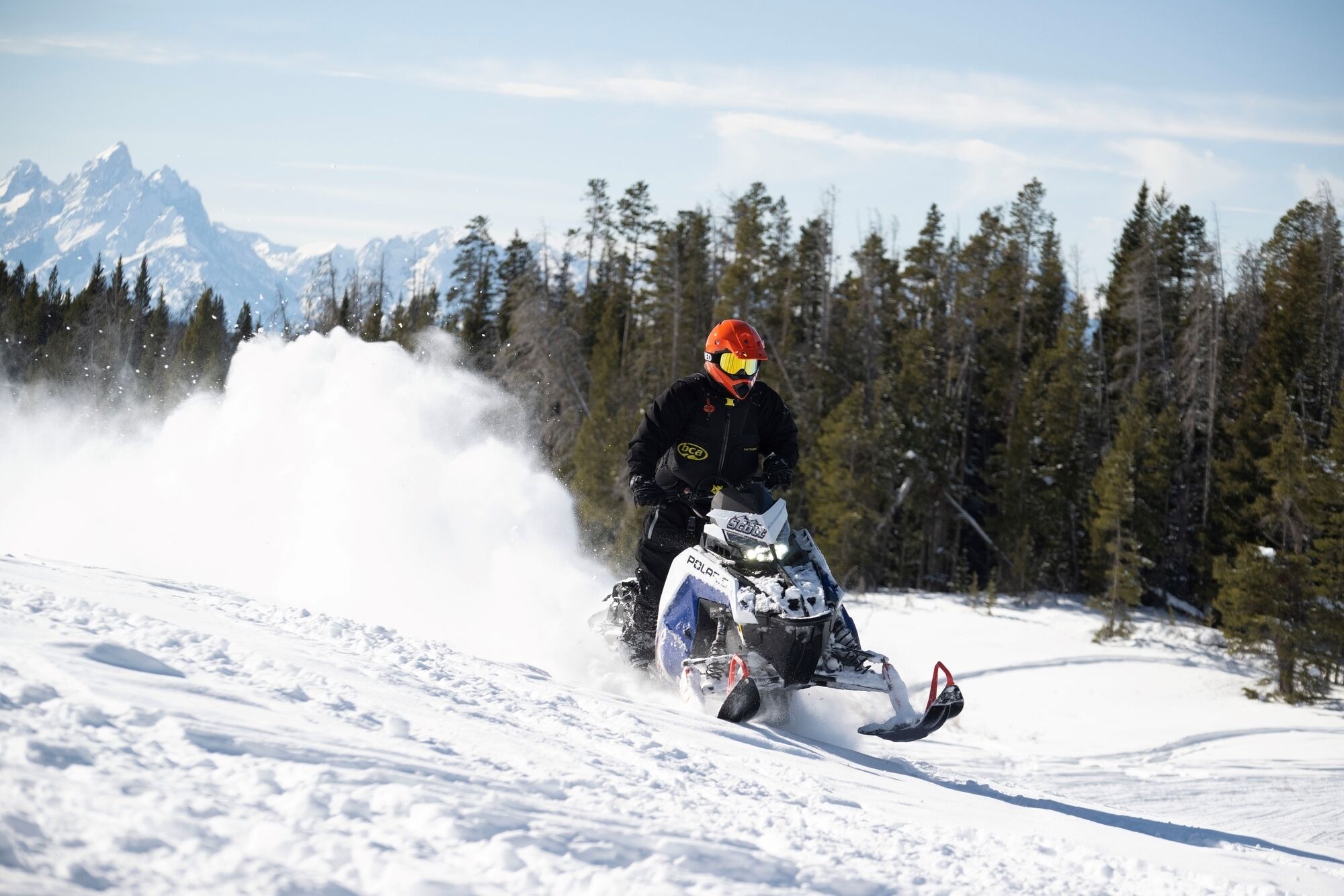 A person riding a snowmobile on a snowy slope with a forest and mountains in the background.