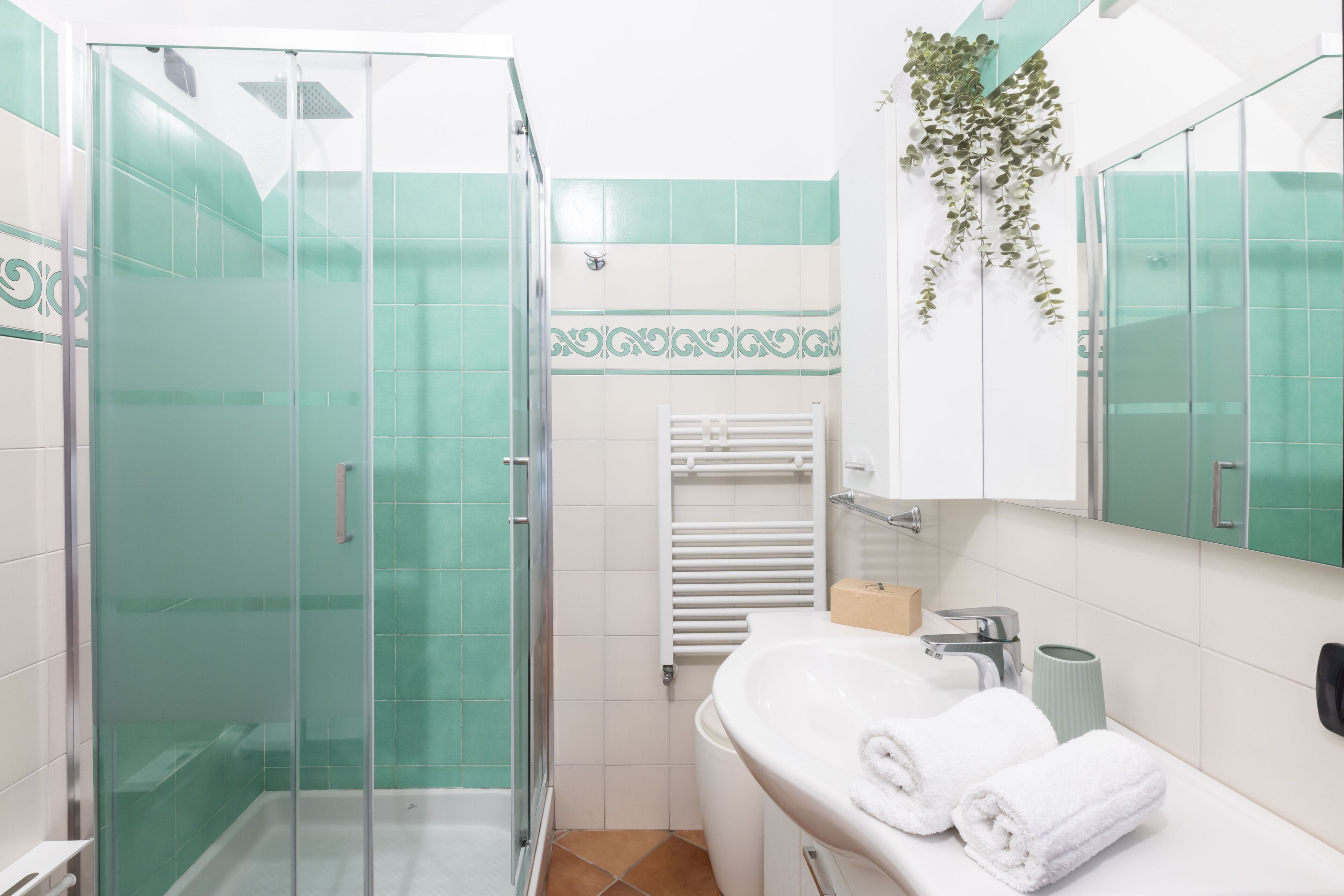 Une salle de bain avec une douche à parois de verre, un lavabo blanc avec deux serviettes, un porte-serviettes et un miroir.