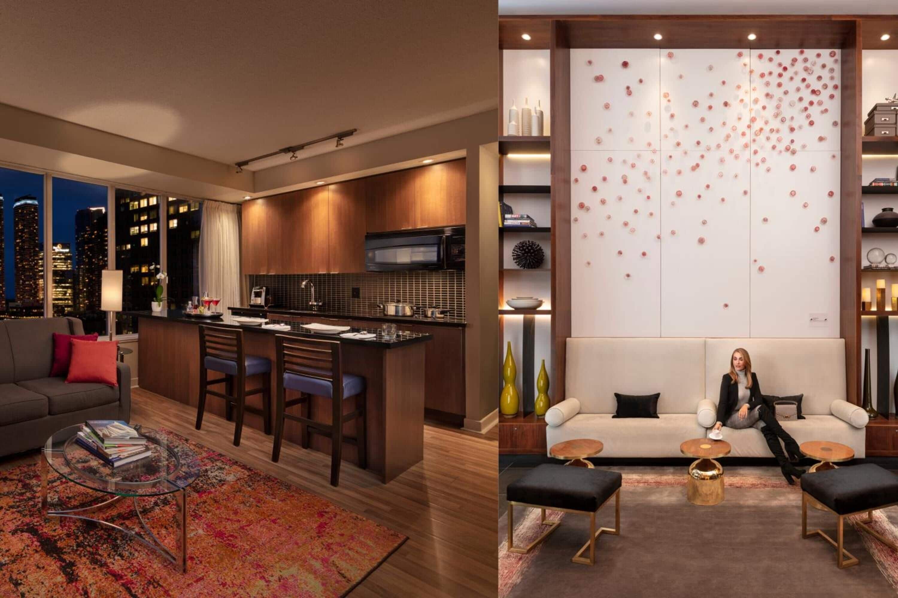 A modern living room with a sofa, coffee table, and a decorative wall.