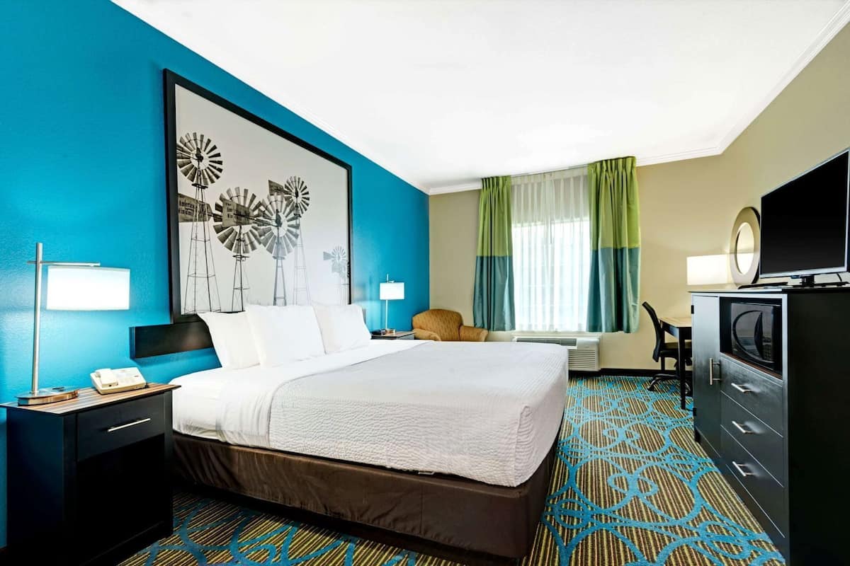 Ein Hotelzimmer mit einem großen Bett, einem Schreibtisch, einem Fernseher und einer Wandkunst mit Windmühlen.