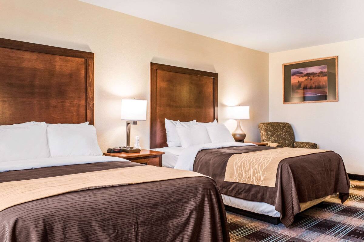 Habitación de hotel con dos camas, cabeceros de madera, una mesita de noche con lámpara, una silla y un cuadro enmarcado en la pared.
