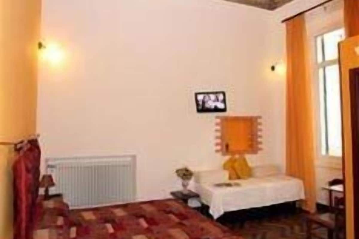 Un dormitorio con una cama grande, una mesita de noche, una lámpara, un televisor y un radiador.