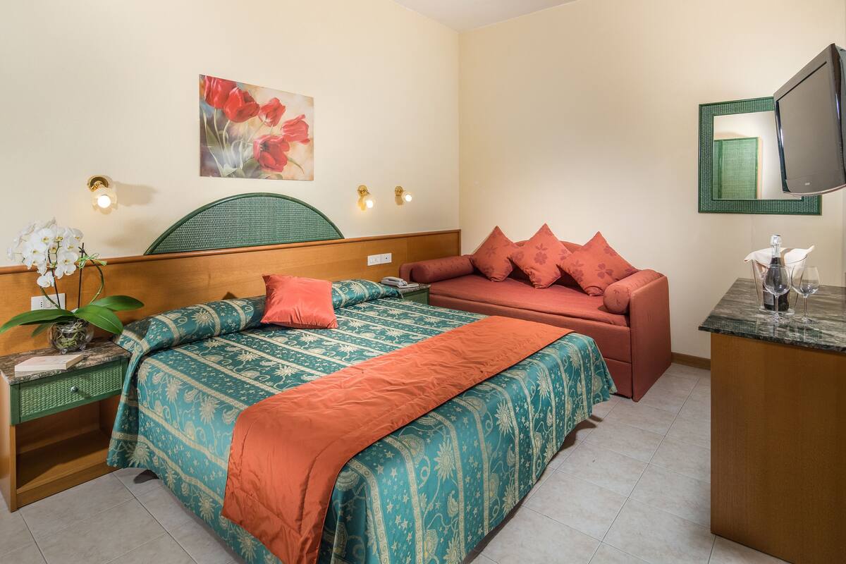 Een slaapkamer met een bed, een sofa, een bureau en een televisie.