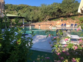 Utomhuspool, parasoller och solstolar