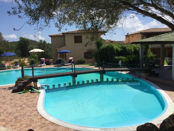 Outdoor pool, pool umbrellas, pool loungers