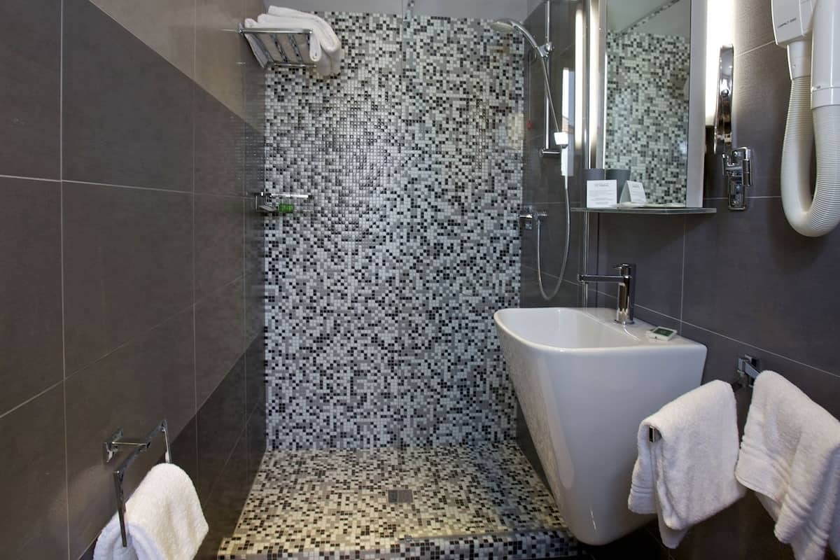 shower, eco-friendly toiletries, hair dryer, towels