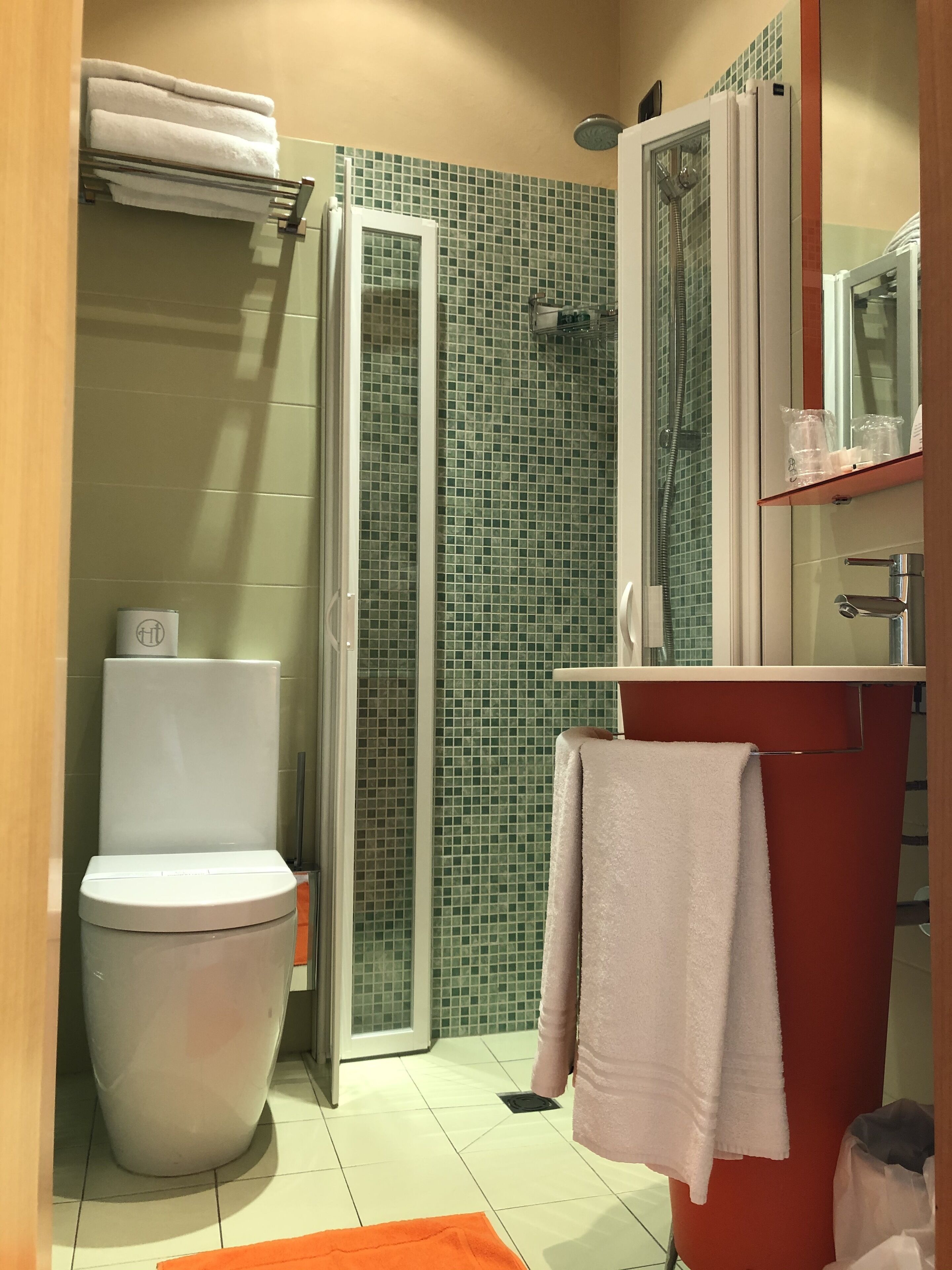 A bathroom with a toilet, a shower with a glass door, a sink with a mirror, and a towel rack.