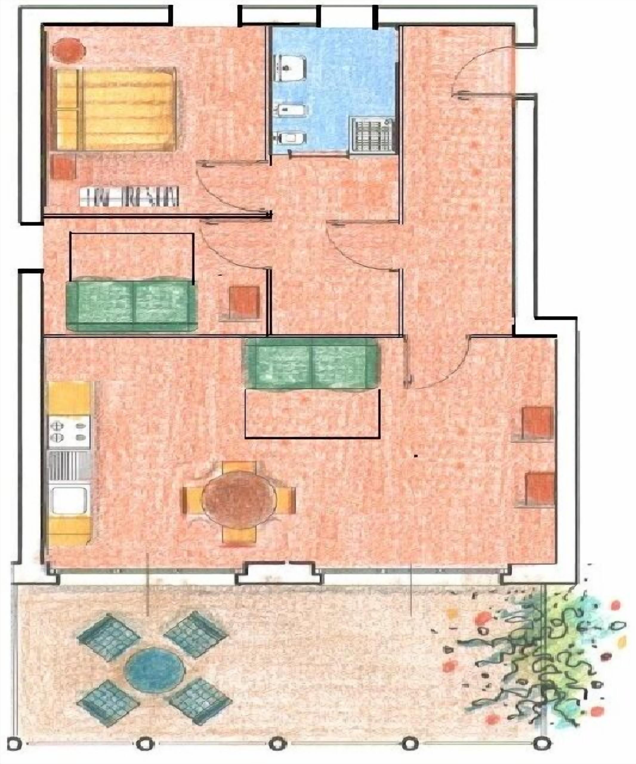A floor plan with a living area, kitchen, dining area, and a small outdoor space with a circular seating arrangement.