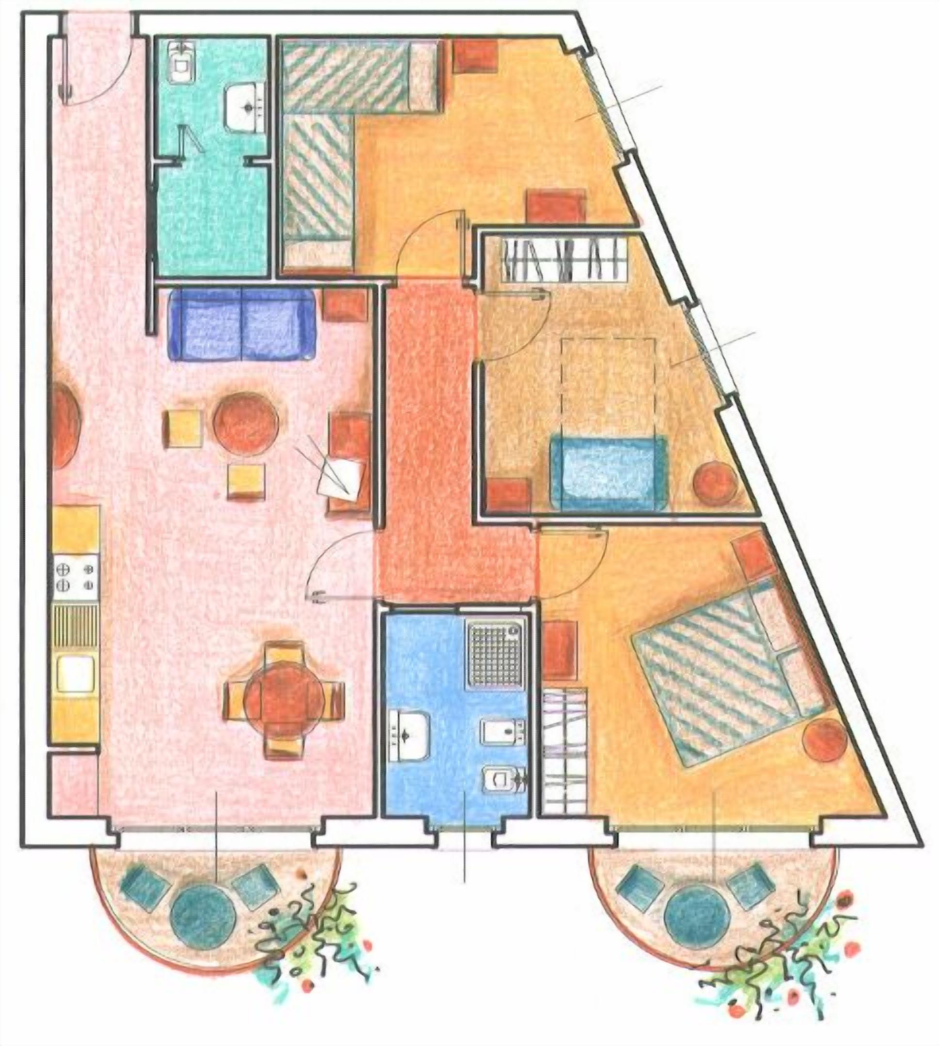 A floor plan of a hotel with a kitchen, dining area, two bedrooms, a bathroom, and a balcony.