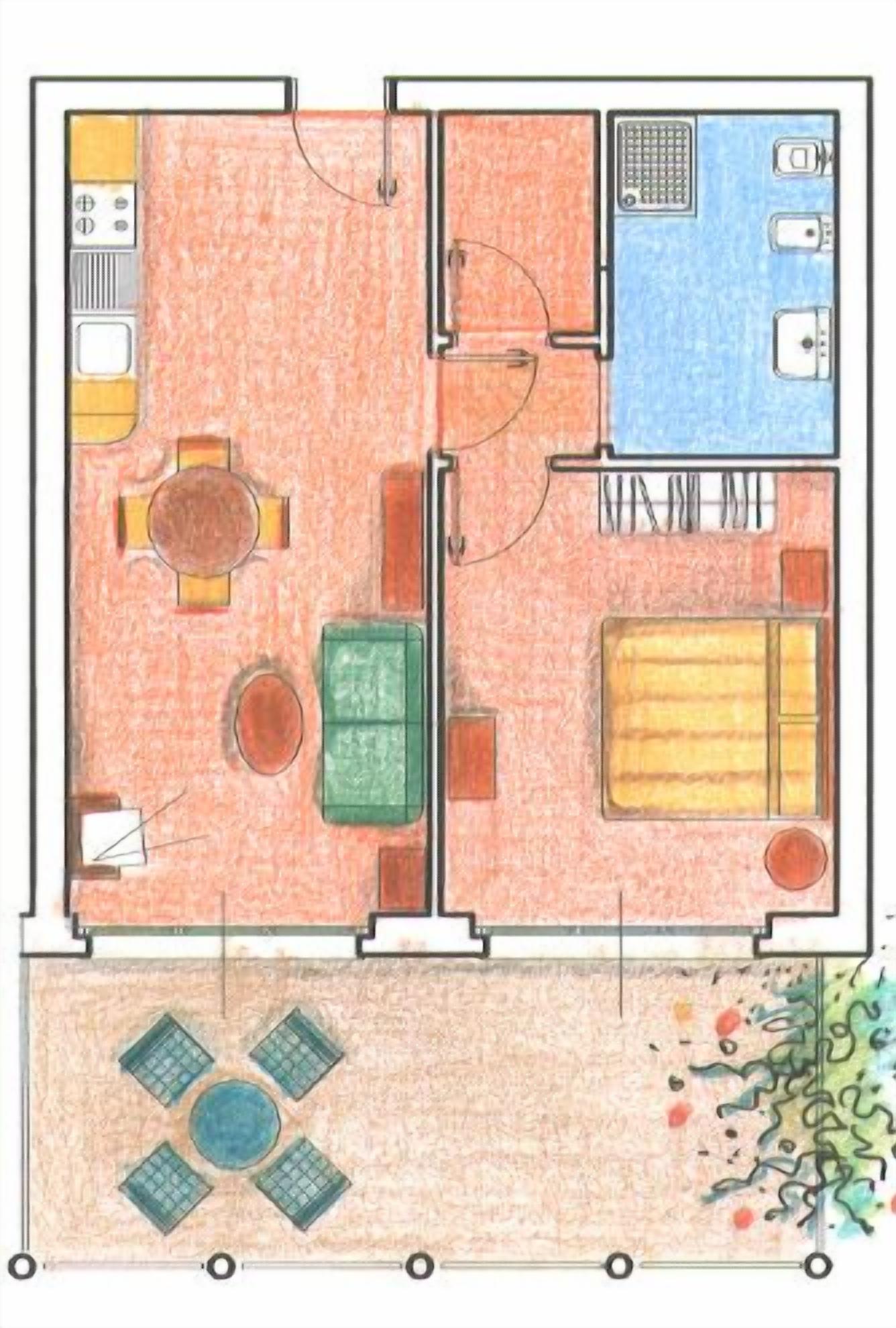 A floor plan of a hotel room with a bed, a small table, a chair, a sink, and a toilet.