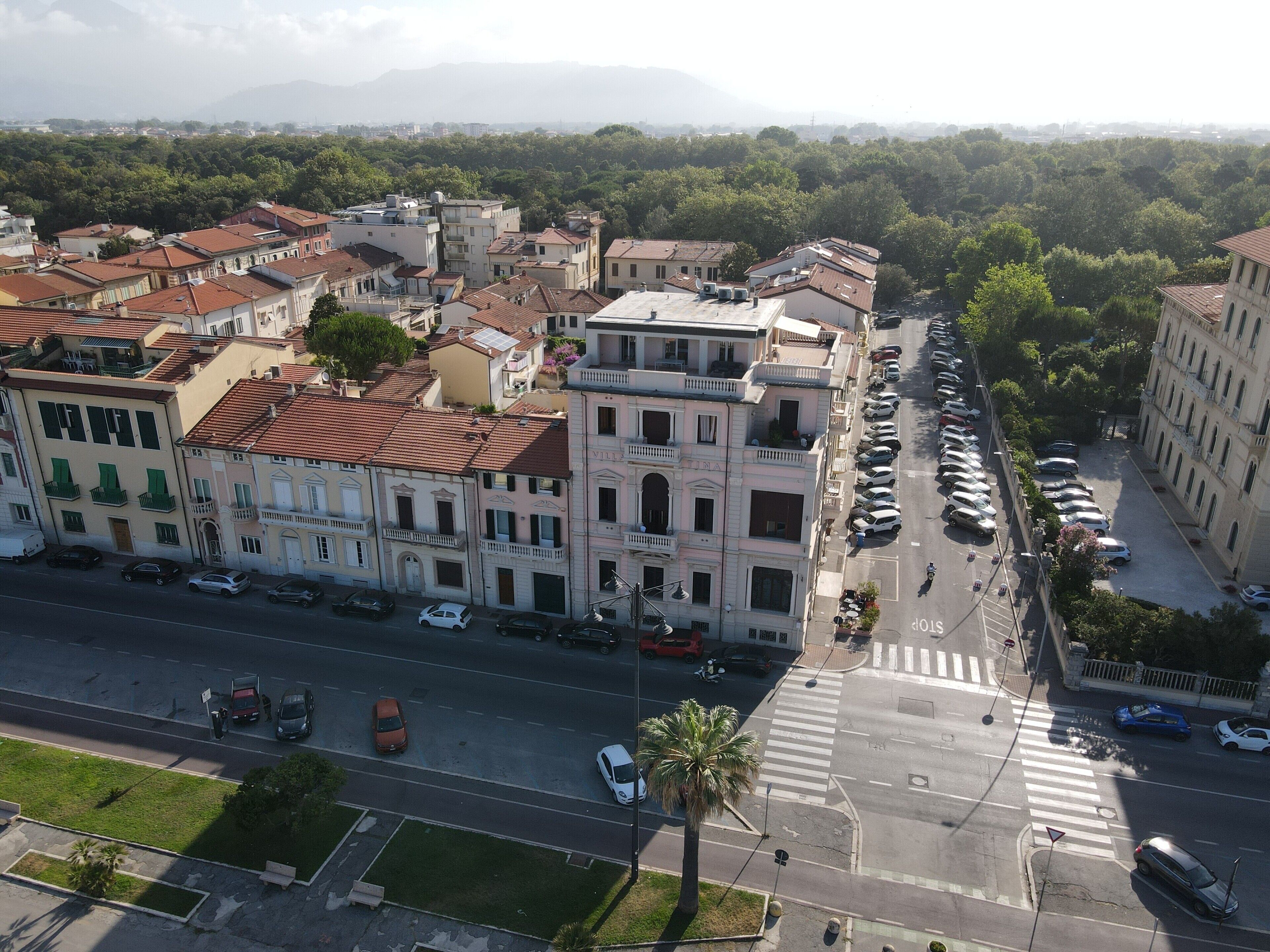An aerial view of a city street with buildings, cars, and a pedestrian crossing.
