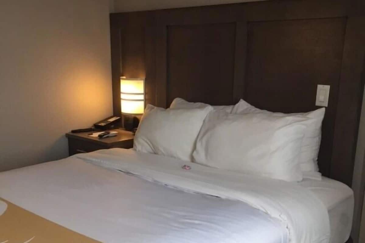A hotel room with a large bed, a nightstand with a lamp, and a wooden headboard.