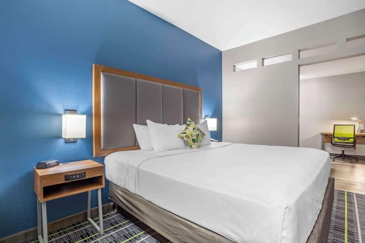 Premium bedding, desk, laptop workspace, blackout curtains