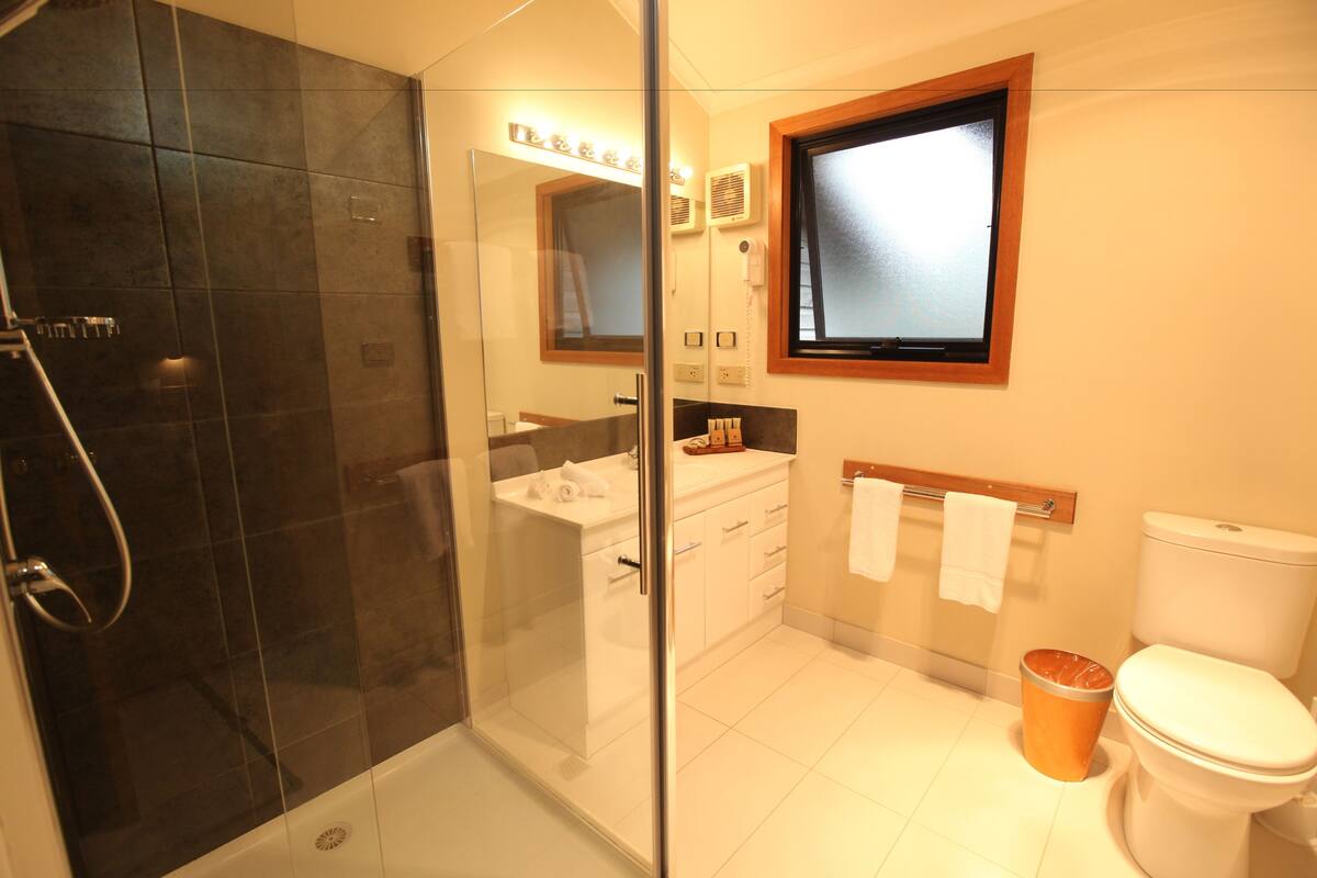 eco-friendly toiletries, hair dryer, towels