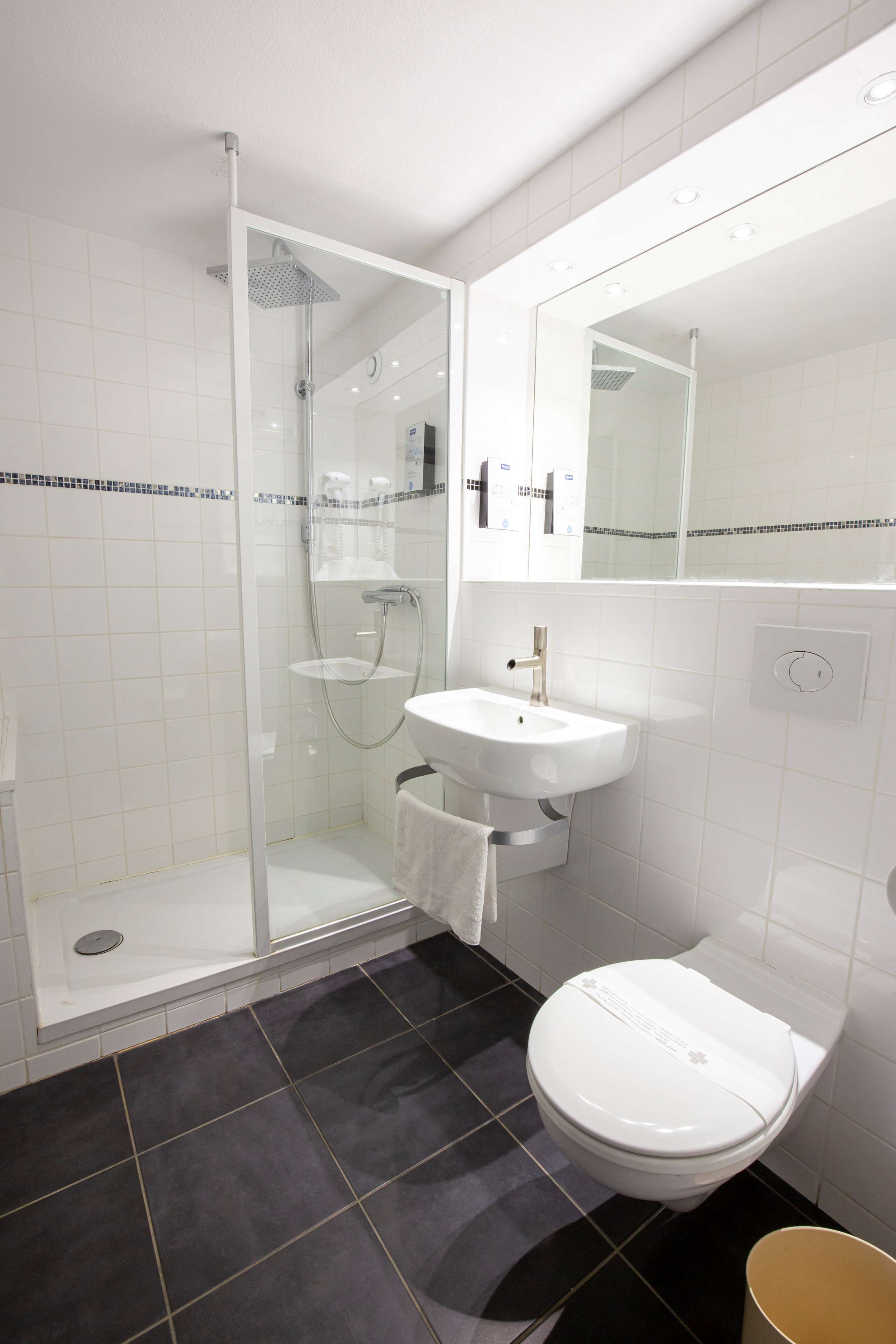 Een moderne badkamer met een douchecabine van glas, een witte wastafel en een toilet.