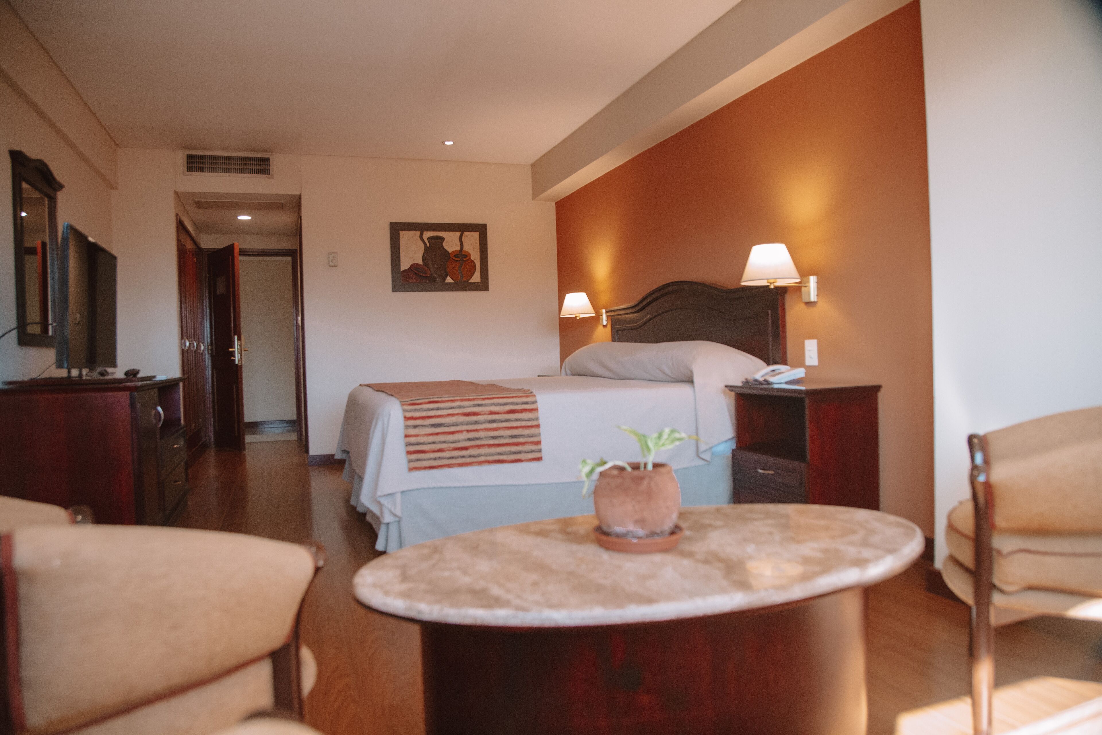 A hotel room with a bed, bedside tables, a desk, a chair, a television, and a potted plant.