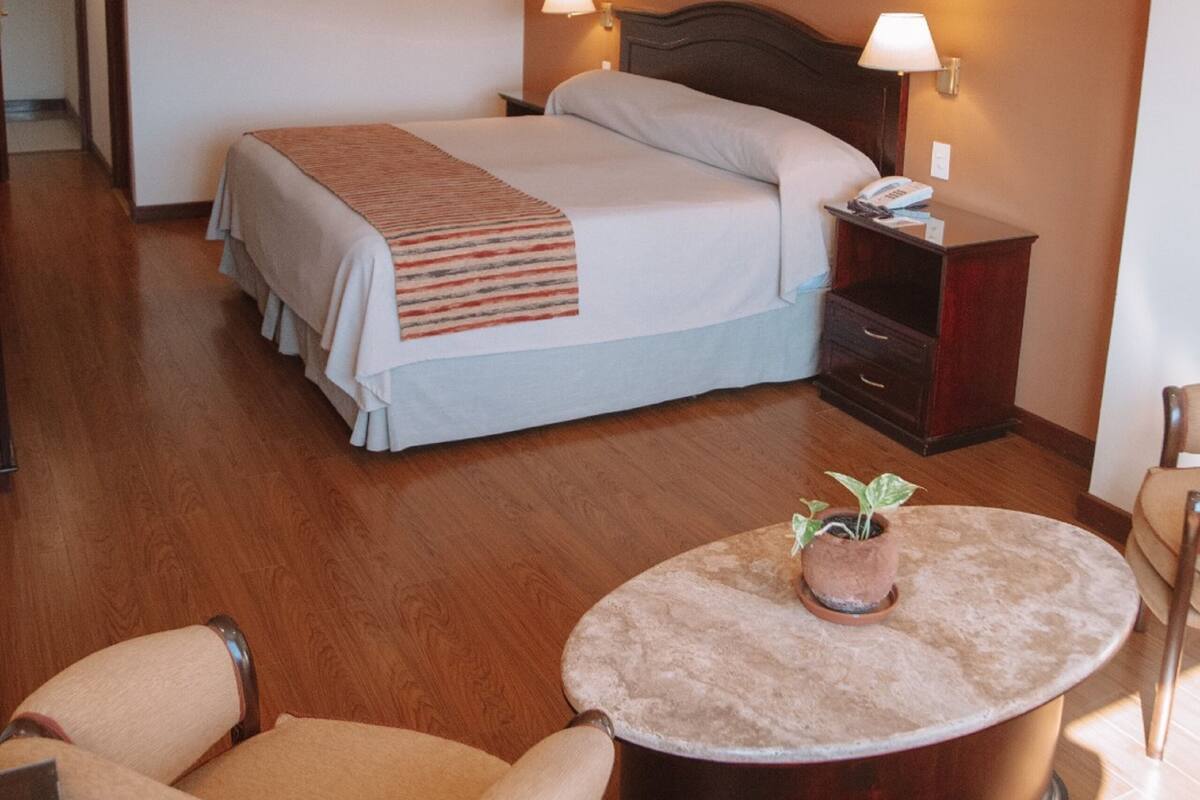 A hotel room with a bed, bedside lamps, a small table with a plant, and a chair.
