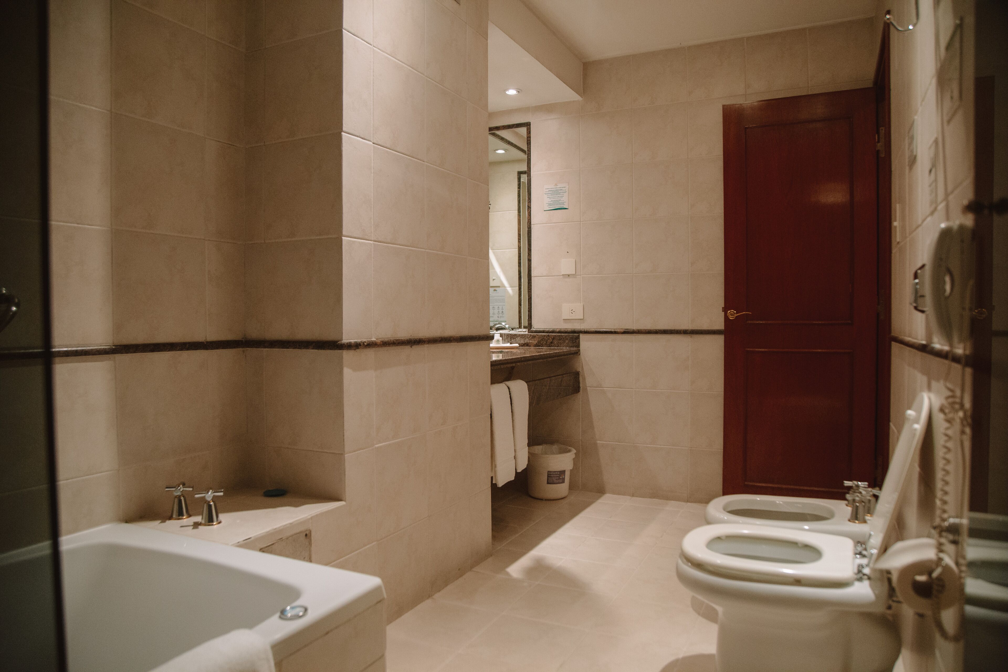 combined shower/bathtub, hair dryer, bidet, towels