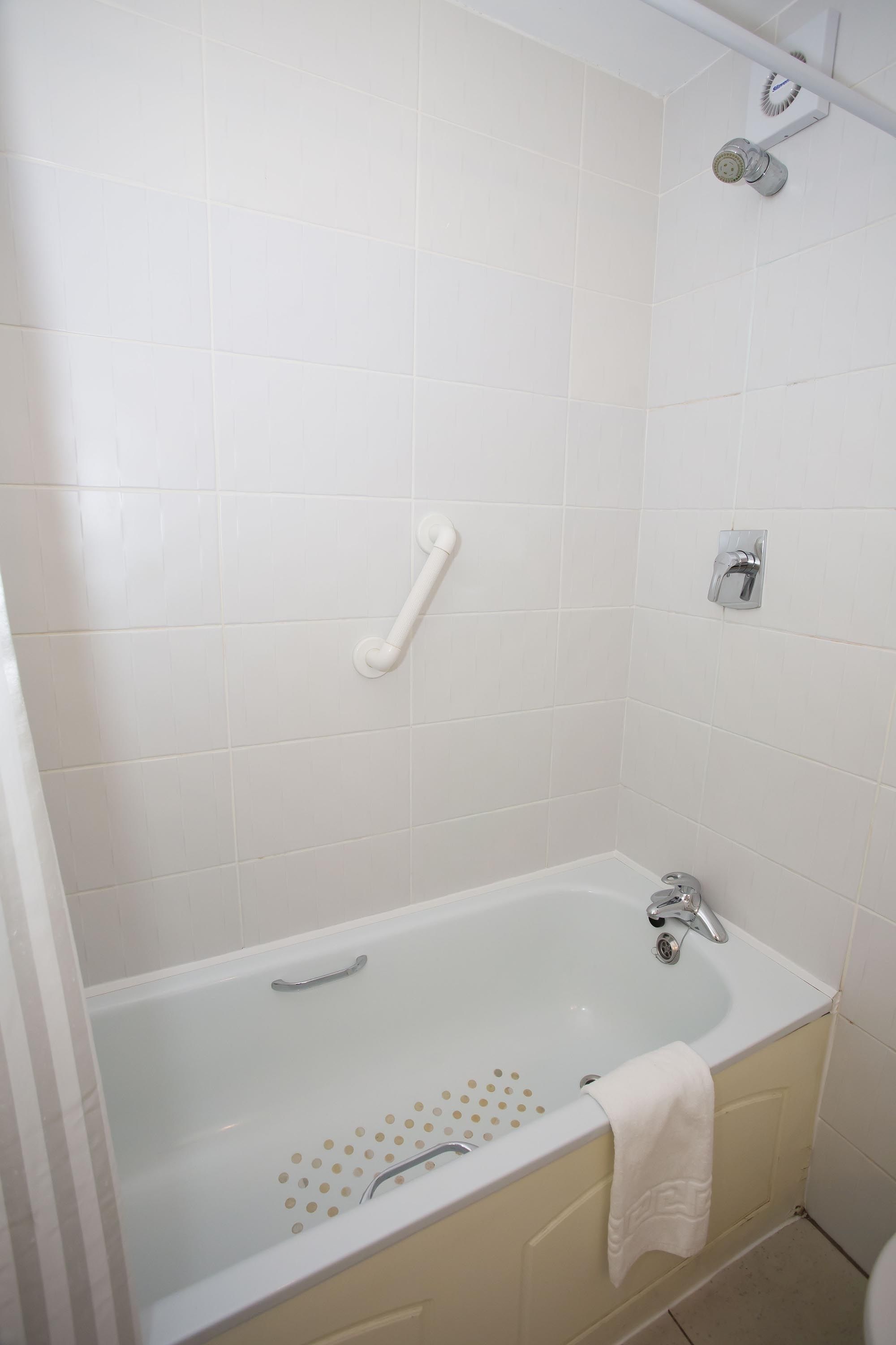 combined shower/bathtub, free toiletries, hair dryer, towels