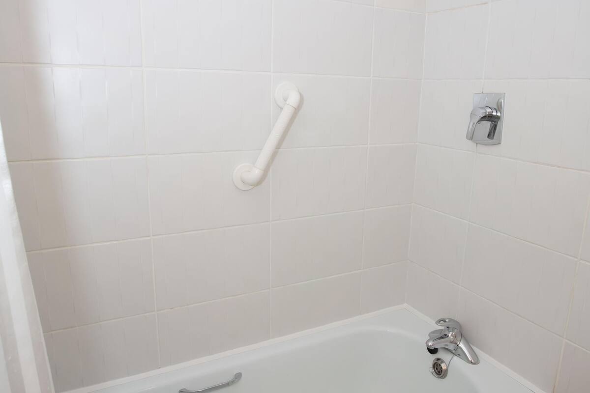 combined shower/bathtub, free toiletries, hair dryer, towels