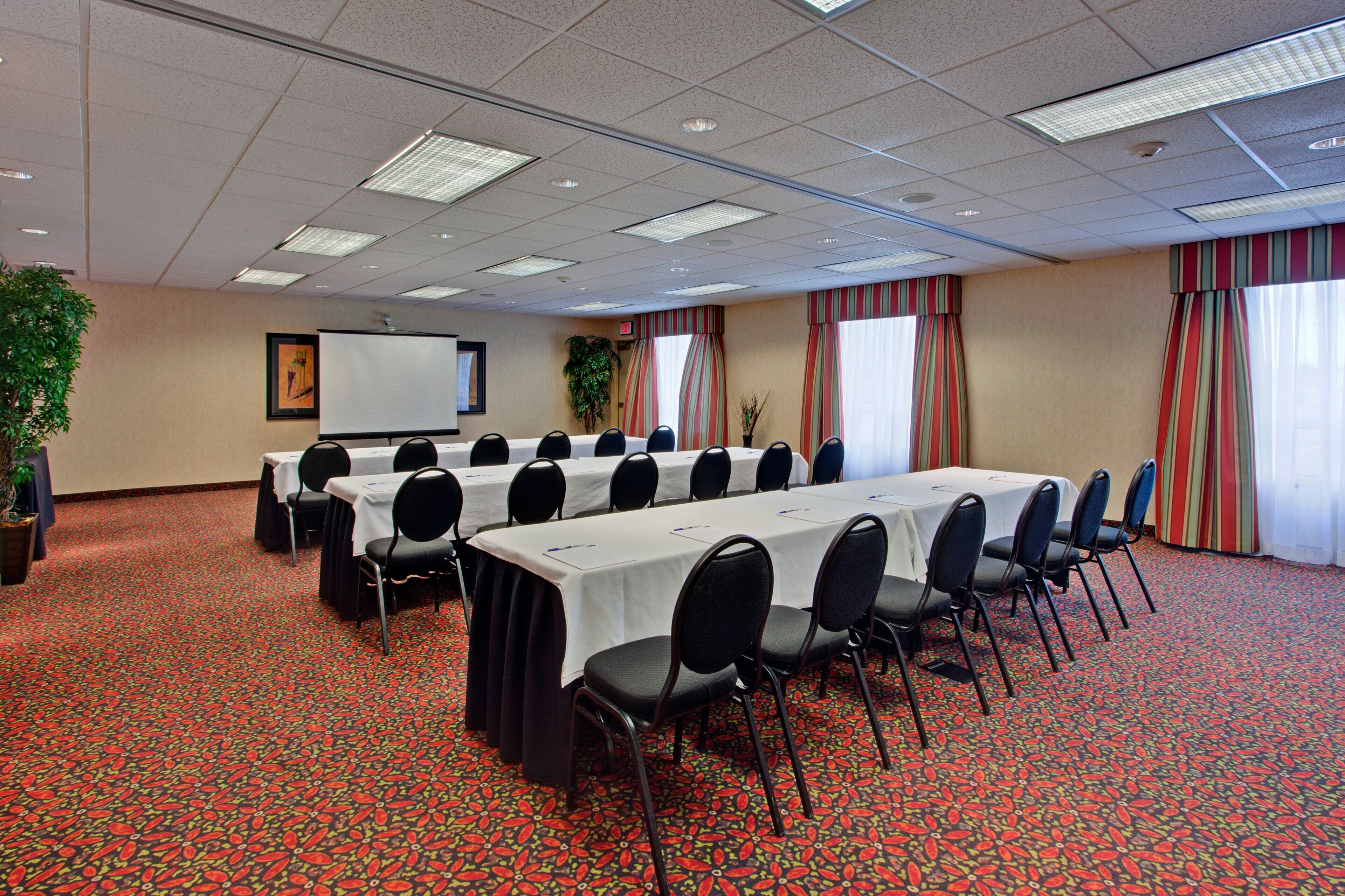 A conference room with multiple tables and chairs, a projector screen, and a large plant.