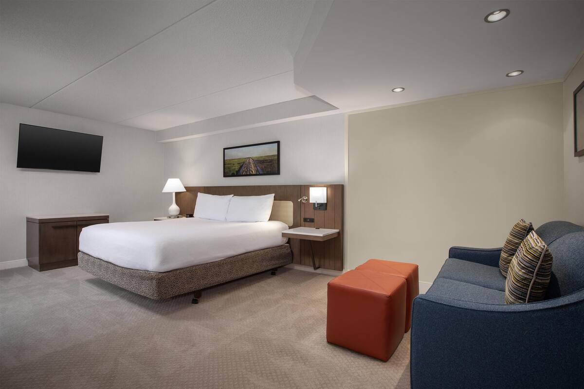 A modern hotel room with a large bed, a nightstand, a desk, a chair, and a flat-screen TV mounted on the wall.