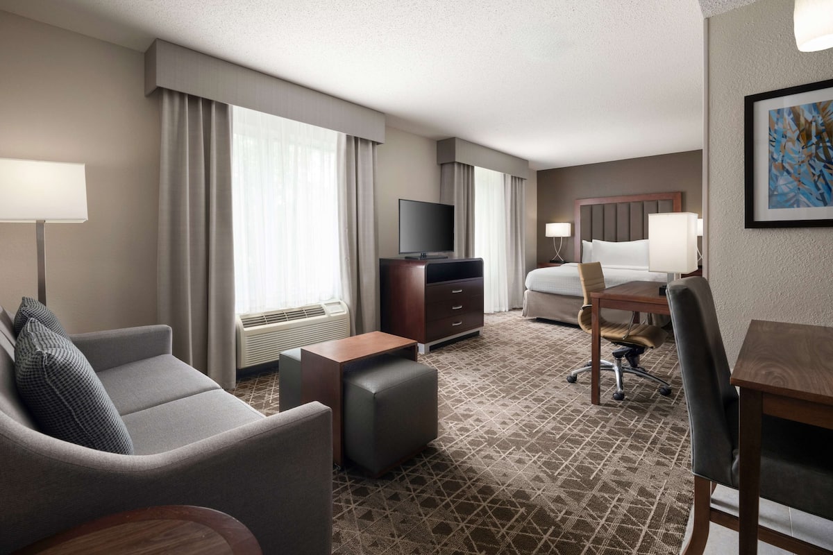 A hotel room with a sofa, a desk, a chair, a TV, a bed, and a window with curtains.