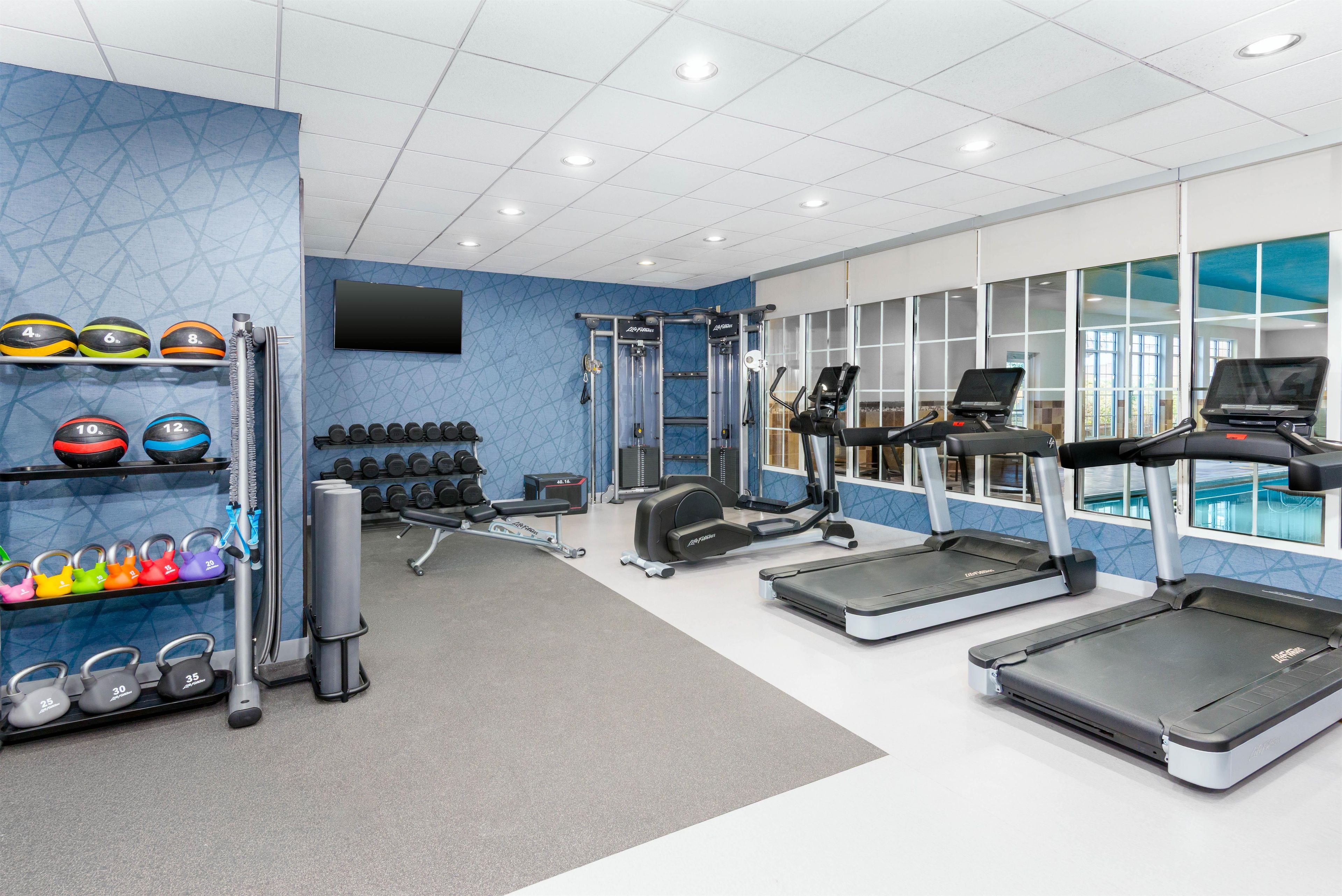 A gym with treadmills, dumbbells, and kettlebells.